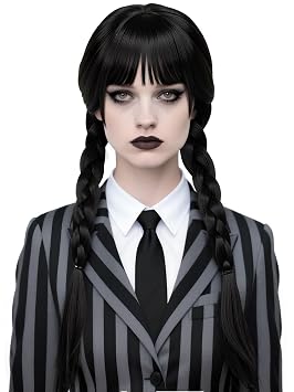 Women Black Braided Wig with Bangs Black Pigtail Wigs Synthetic Hair for Women
