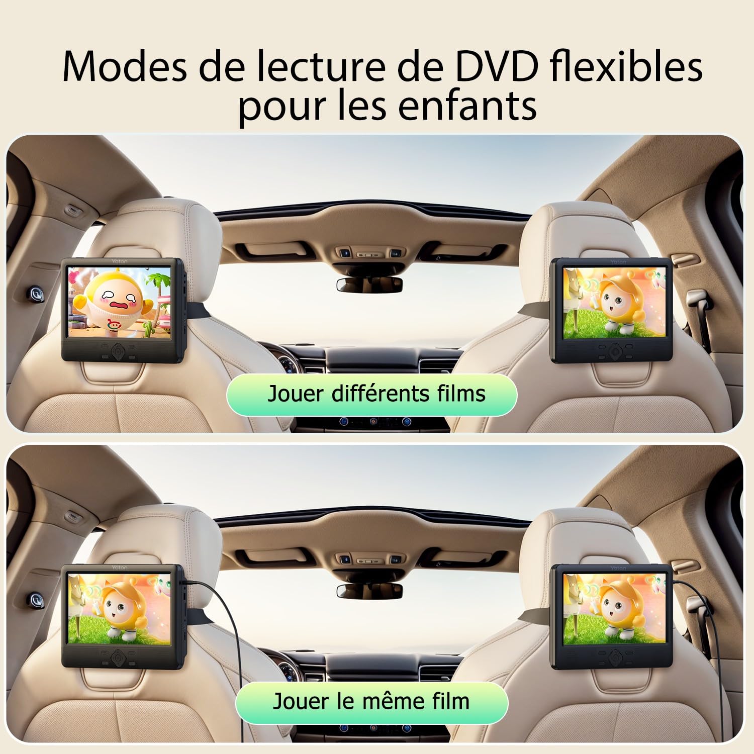 Yoton Lecteur DVD Portable 12,5" 2 écrans 10,5" pour Voiture Multimédia USB/SD/TV HDMI Noir