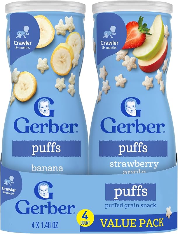 Paquete de variedad Gerber Baby Snacks Puffs, plátano y manzana fresa, 1.48 onzas - 2 unidades de cuatro paquetes, el paquete puede variar, 1.48 onzas (paquete de 8)