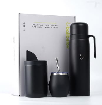 BALIBETOV Complete Yerba Mate Set - Modern Mate Gourd, Thermos, Yerba Container, Bombilla and Cleaning Brush Included - All Premium Quality 304 18/8 Stainless Steel (BLACK)