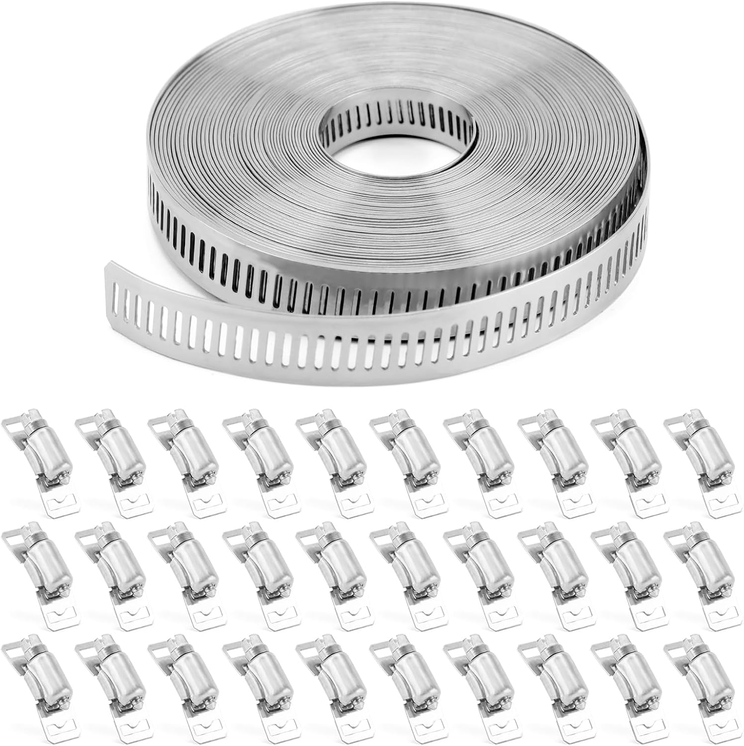 Hose Clamps(20 Fasteners)+(30FT Metal Strapping+30 Fasteners) DIY Cut-To-Fit 304 Stainless Steel Band Clamps Adjustable Large Worm Gear Hose Clamps Assortment Kit Metal Screw Clamps Strapping for Pipe