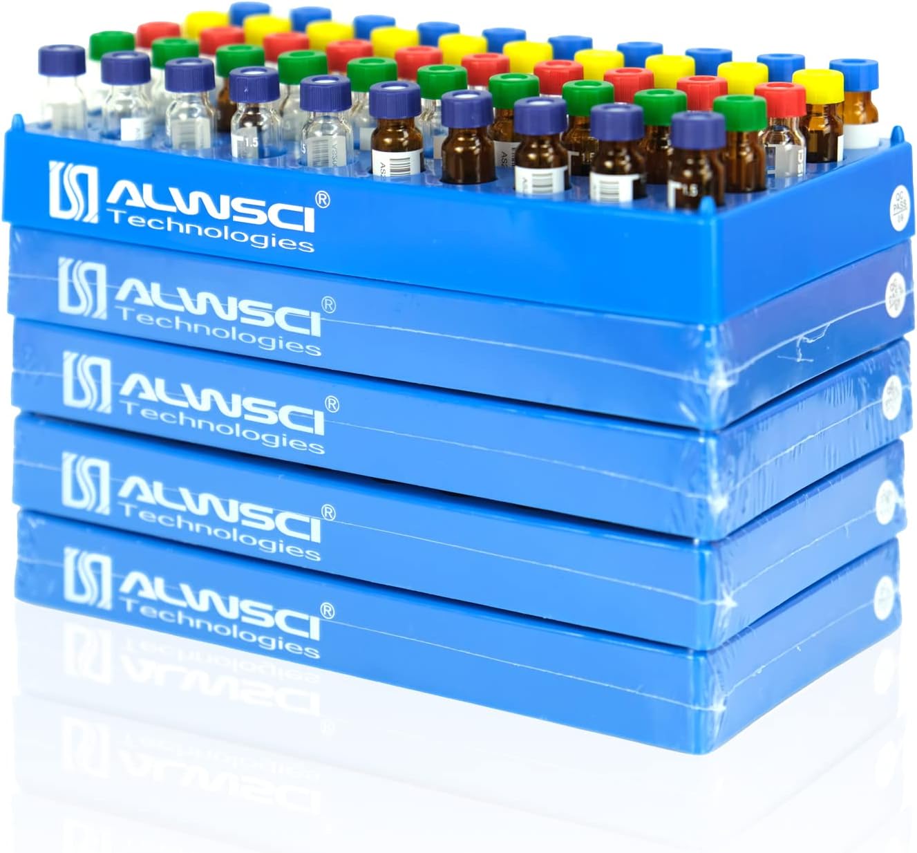 ALWSCI 5 Packs 2 ml Vial Rack, Lab HPLC Vial Holder, 12 mm Vial Tray Holder 50-Well Stackable, Blue Tube Rack for 2 ml Autosampler Vial