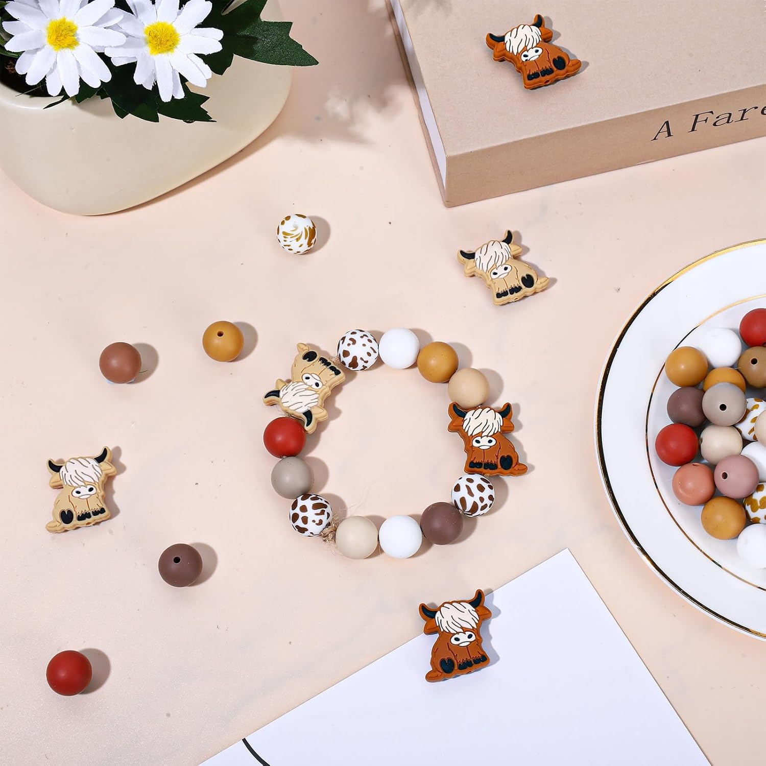 Waline 100Pcs Highland Cow Focal Silicone Animal Shaped Beads - Brown & White Cow Printed Bead Colorful Flat Round Spacer Beads for Making Pen DIY Crafting Necklace Bracelet Keychain - Image 5