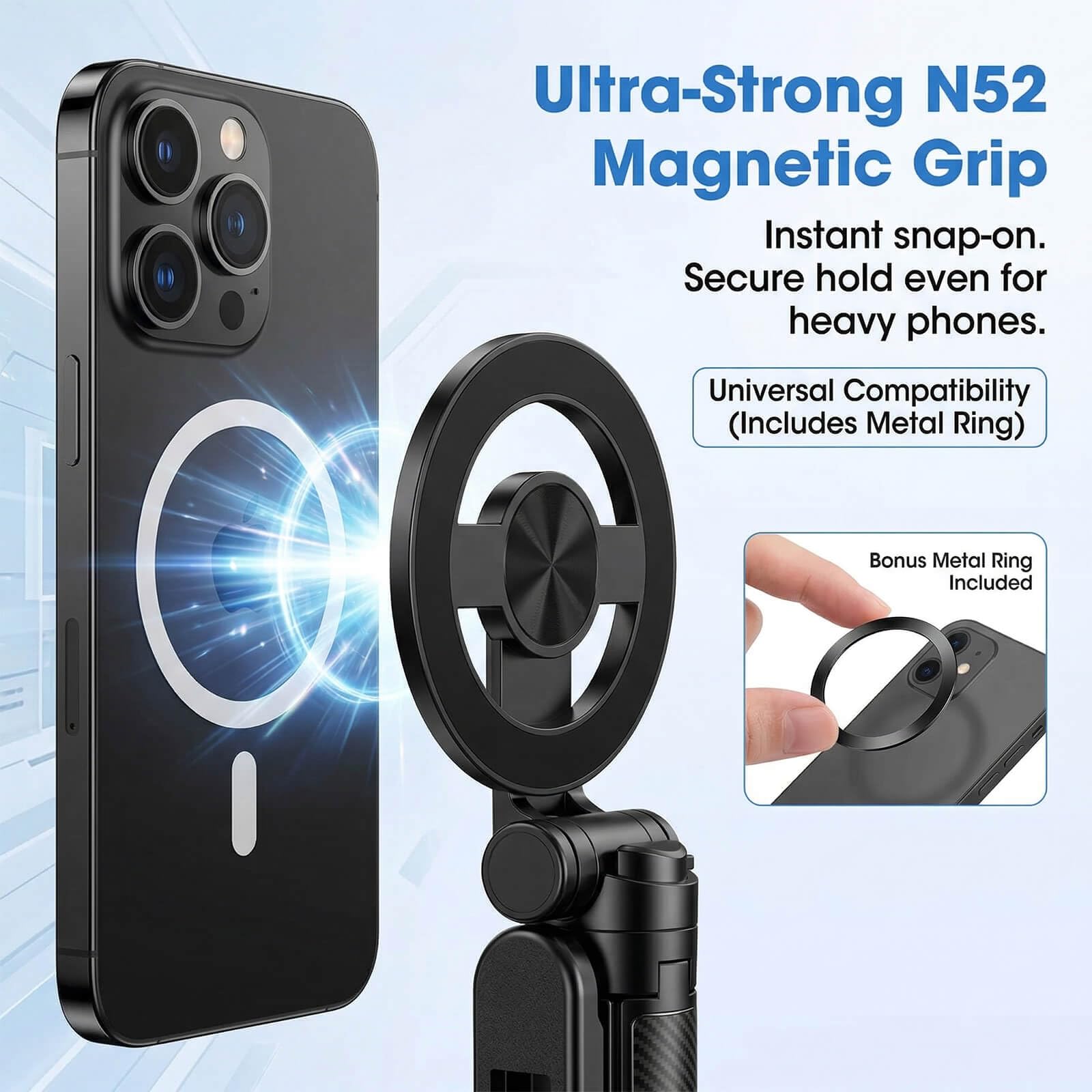 Bastone Selfie Magnetico con Treppiede – Magnete N52 potente, Telecomando Bluetooth con Zoom e 20m di portata, Mini 11,5cm, Piedino a 4 gambe, Rotazione 360° – Per Vlogging e Live Streaming