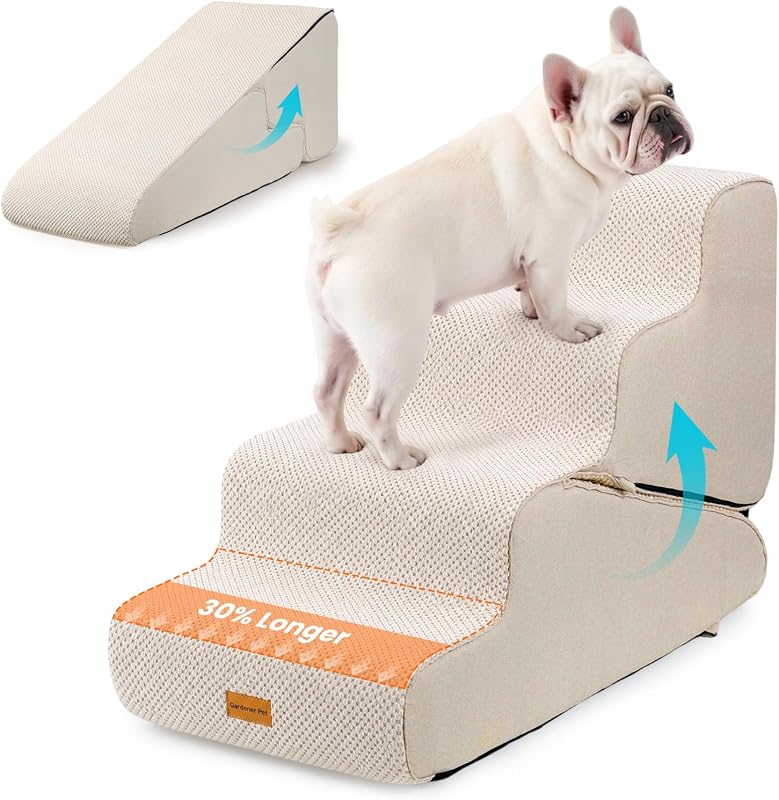 Escada e Rampa 2 em 1 para Cães Pequenos Gardner Pet, 4 Degraus, Espuma 35D, Bege, 55,88 cm