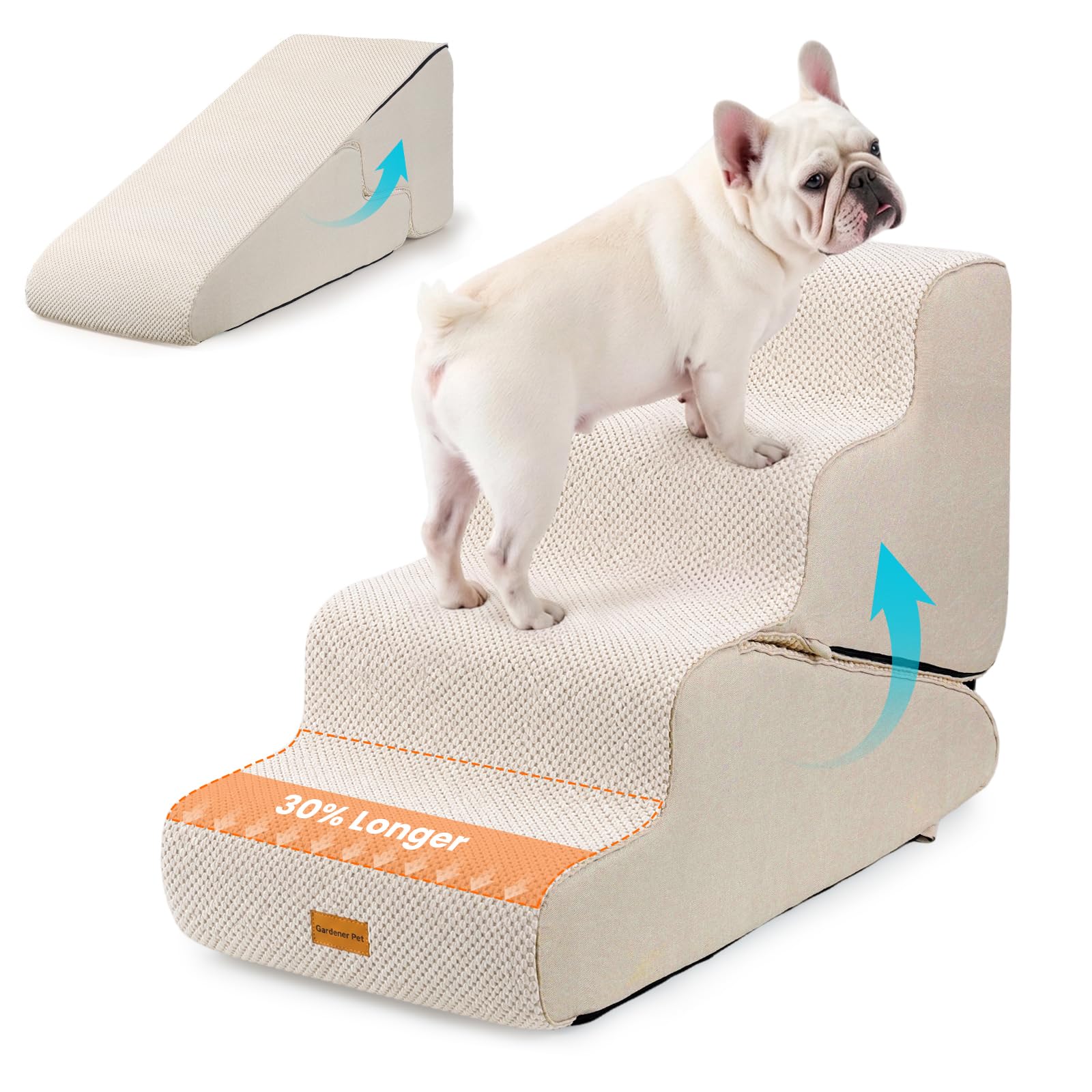 Gardner Pet Dog Stairs for Small Dogs 22" H, 2 in 1 Transformable 4-Step Pet Stairs and Dog Ramp for Couch Bed (23-27 in), Adjustable Pet Steps Beige