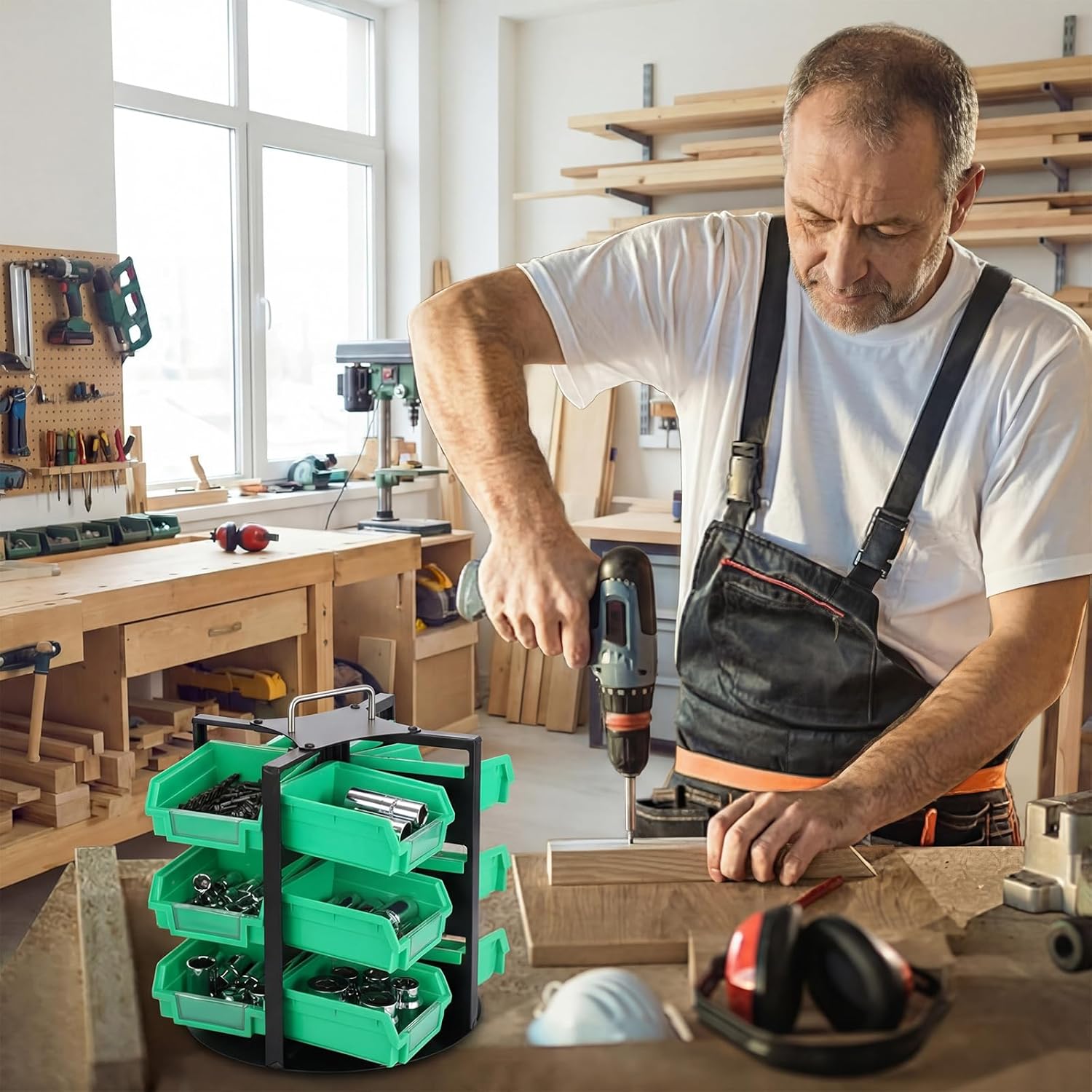 Geelin Rotating Storage Bins Tool Organizer 3 Tiers Hardware Crafts Small Parts, Nuts and Bolts, Revolving 12 Bins Storage for Workshop, Shed, Garage, Home(Green)