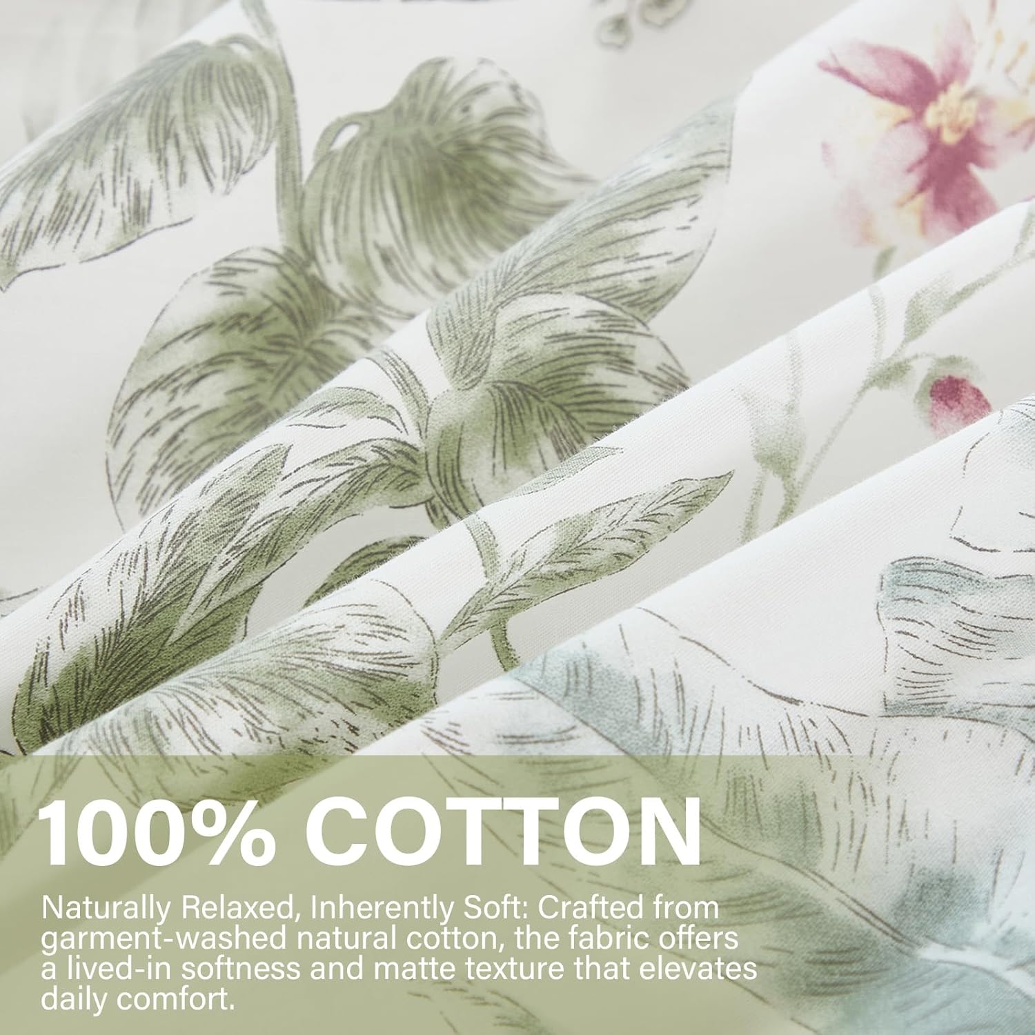 100% Cotton Comforter Queen Size Green Floral Bedding Set Reversible Botanical Comforter Set 3 Pcs Cottagecore Aesthetic Soft Bedding Sets for All Season