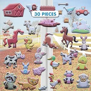 Funny Farm Animals Window Clings for Kids & Toddlers (by Jesplay USA - Reusable Window Stickers Gels & Decals) Puffy Sticker Activites for Car Plane Home- Horse, Cow, Farmer, Farm House Animals