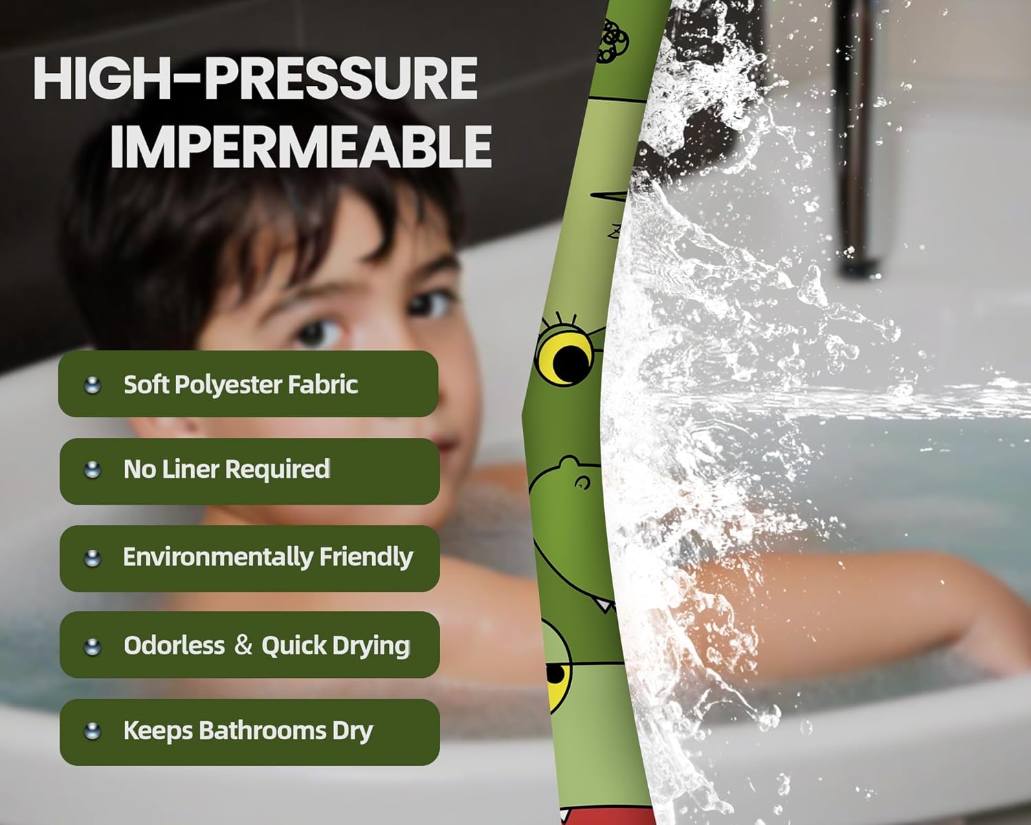 Alligator Shower Curtain for Kids Funny Cartoon Animal Green Crocodile Shower Curtains for Bathroom Decor Sets, Waterproof Fabric with Hooks, Waterproof Fabric 70 x 72 inch with Hooks