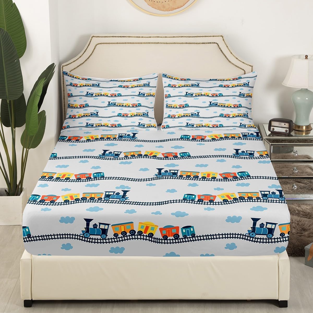Erosebridal Train Sheets Navy Locomotive Train Sheet Set Twin,Cartoon Steam Engine Bed Sheets Set for Kids Toddler Cute Clouds Transportation Cars Top Fitted Sheet with 1 Pillowcase