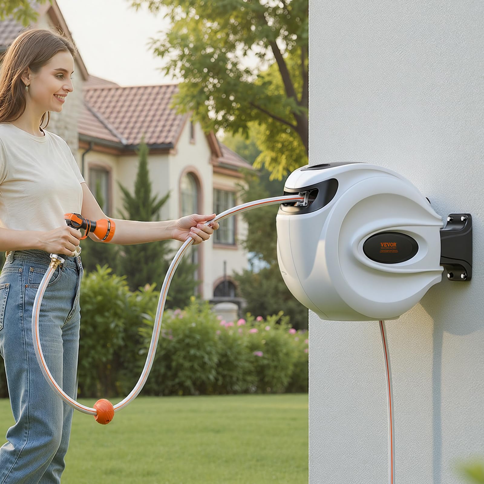 VEVOR Schlauchtrommel Wasser 35mx12mm mit Wandhalterung Tragegriff Schlauchaufroller mit 9-Muster-Sprühdüse & Gartenschlauch 180° Schwenkbar Wand-Schlauchbox mit Aufroll-Automatik Gießen Autowaschen