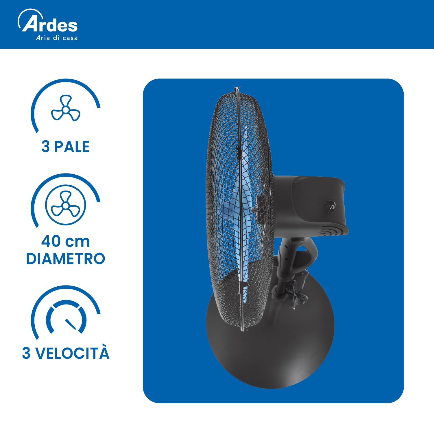 Ardes EASY 41PB PLUS Bodenventilator 50W 40 cm mit Automatischer Oszillation, Höhenverstellung bis 130 cm, Neigungsverstellung, 3 Leise Geschwindigkeiten und 3 Flügel