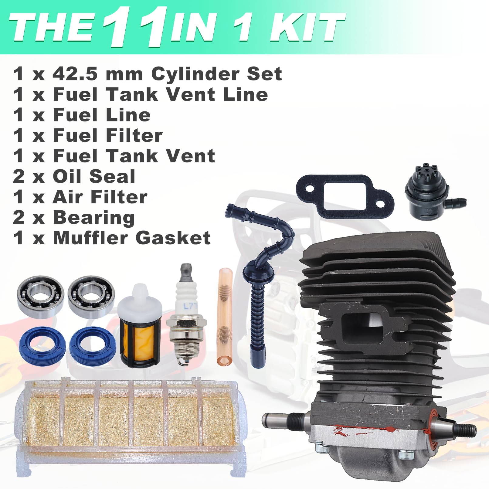 Adefol Kit de cilindro de 42,5 mm para motosierras Stihl MS250 MS230 023 025, cilindro con línea de combustible, filtro de combustible, sello de aceite, filtro de aire, repuesto OEM 1123 020 1209