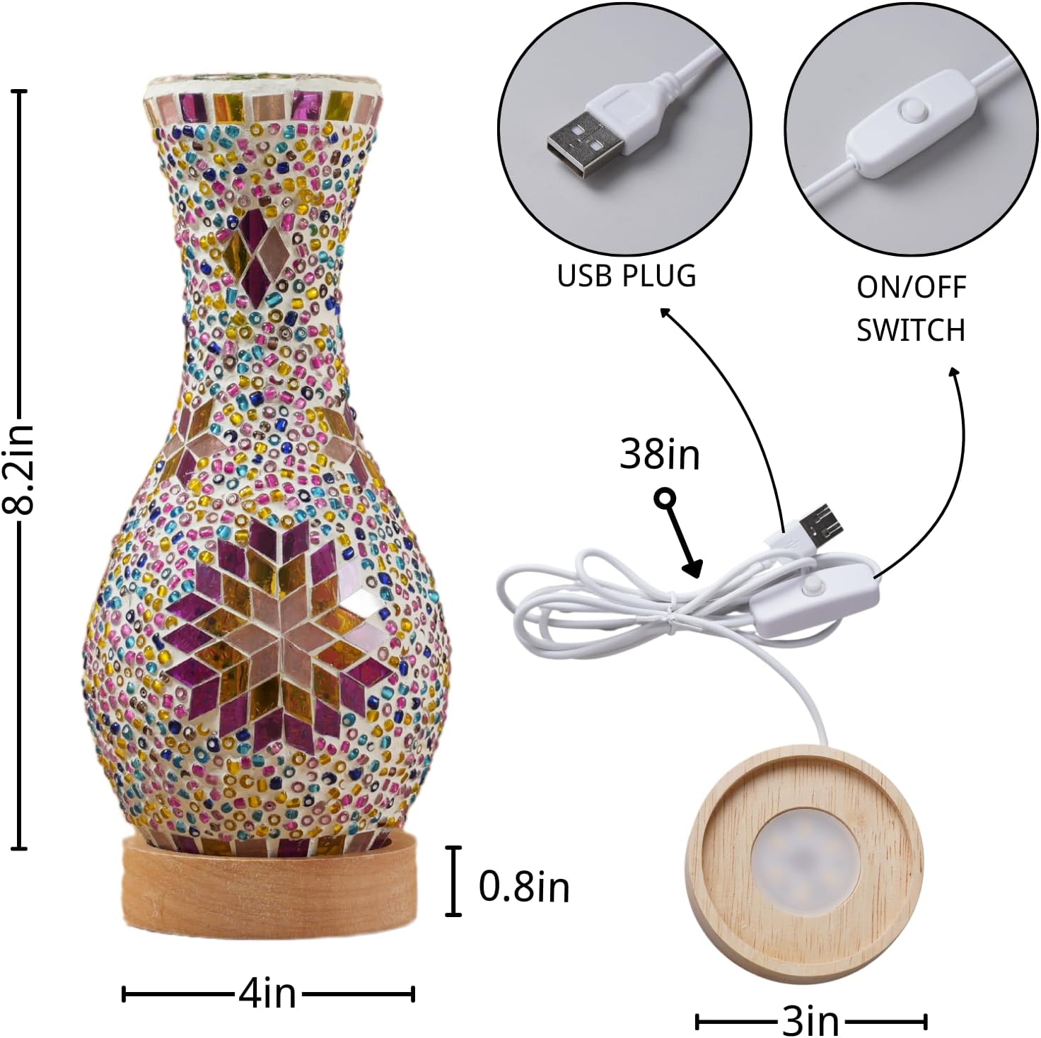 Turkish Mosaic Table Lamp, Moroccan Style Colorful Handmade Glass Vase, USB Tiffany Mosaic Table Night Light for Bedroom, Living Room Decor, 9" Height