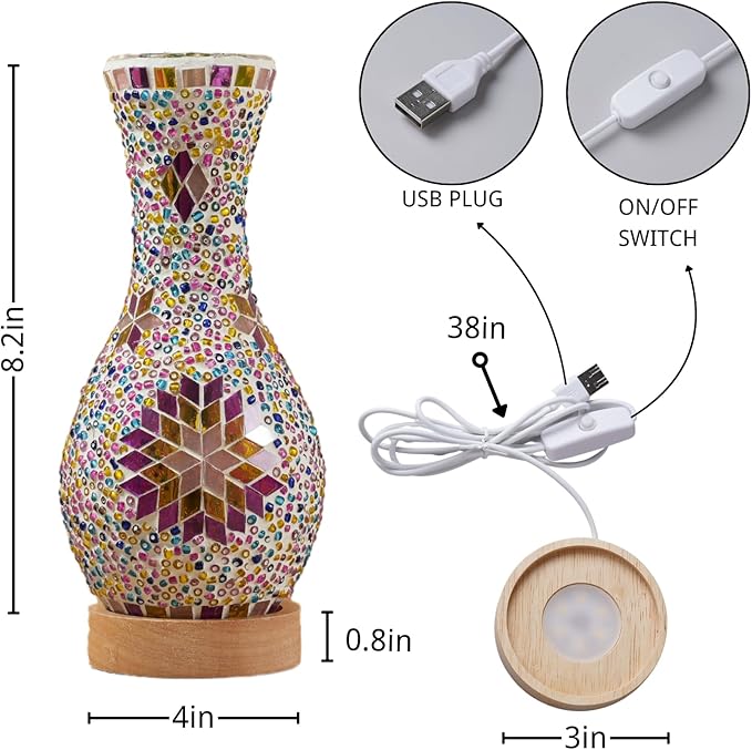 JAITAIK Turkish Mosaic Table Lamp, Moroccan Style Colorful Handmade Glass Vase, USB Tiffany Mosaic Table Night Light for Bedroom, Living Room Decor, 9" Height photo 2