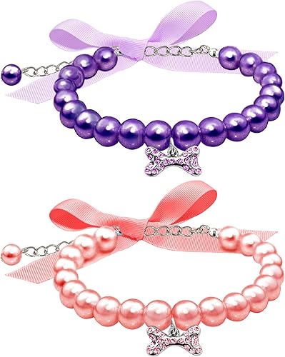 Miniatura 5 de Casidoxi 2 collares de perlas para perro y gato con hueso de diamantes de imitación joyería para gatos y cachorros perros y mascotas rosa  morado