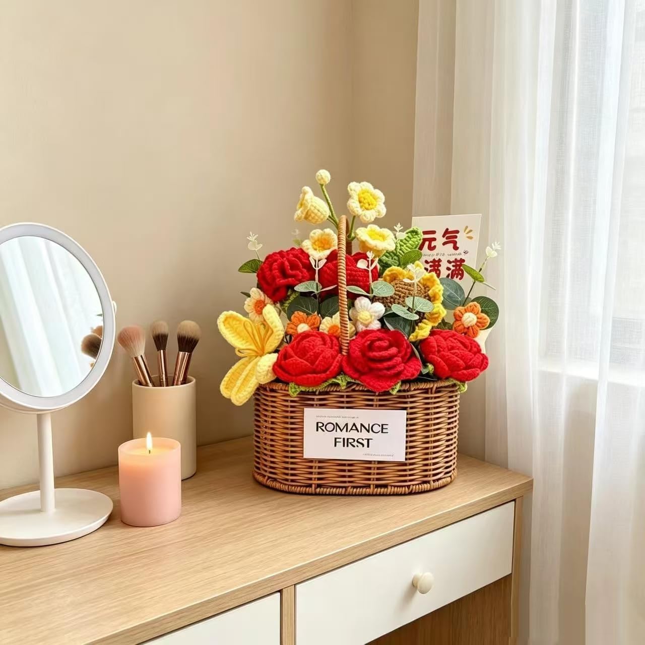 Handmade Crochet Flower Basket with Yarn Roses - Eternal Artificial Bouquet in Faux Rattan Basket - Romantic Home Decor & Table Centerpiece - Unique Gift for Her (Red & Blue) (Multicolor 1)