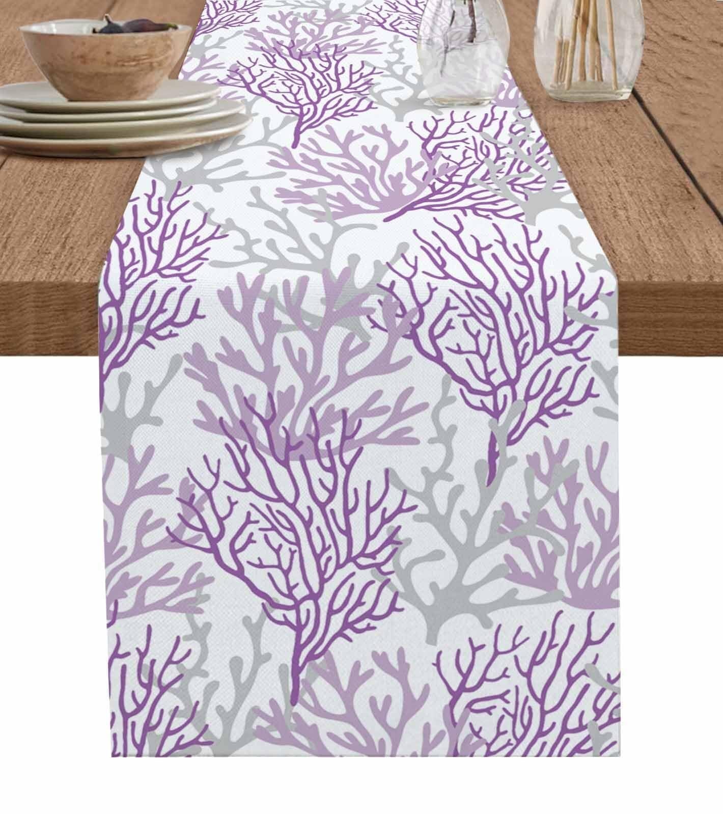 Chemin de Table en Coton et Lin Bleu Corail 13"x60" - Parfait for Une décoration sur Le thème de la Plage en été(Purple Gray Coral,13x120 inch)