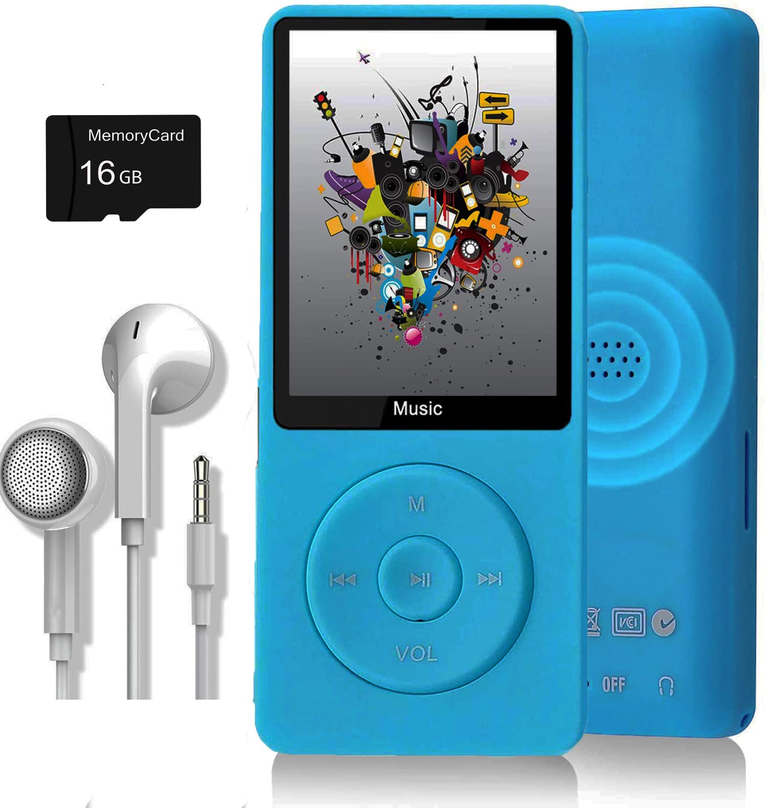 MP3 Player, Music Player with 16GB Micro SD Card, Build-in Speaker/Photo/Video Play/FM Radio/Voice Recorder/E-Book Reader, Supports up to 128GB