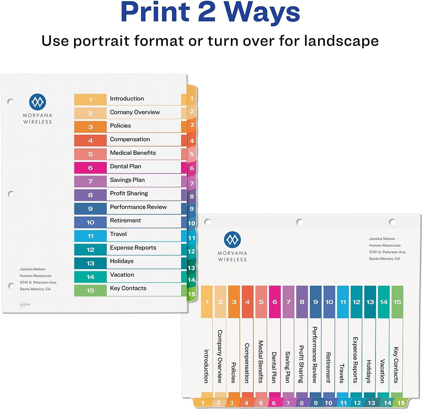 Avery dividers showing portrait and landscape printing options