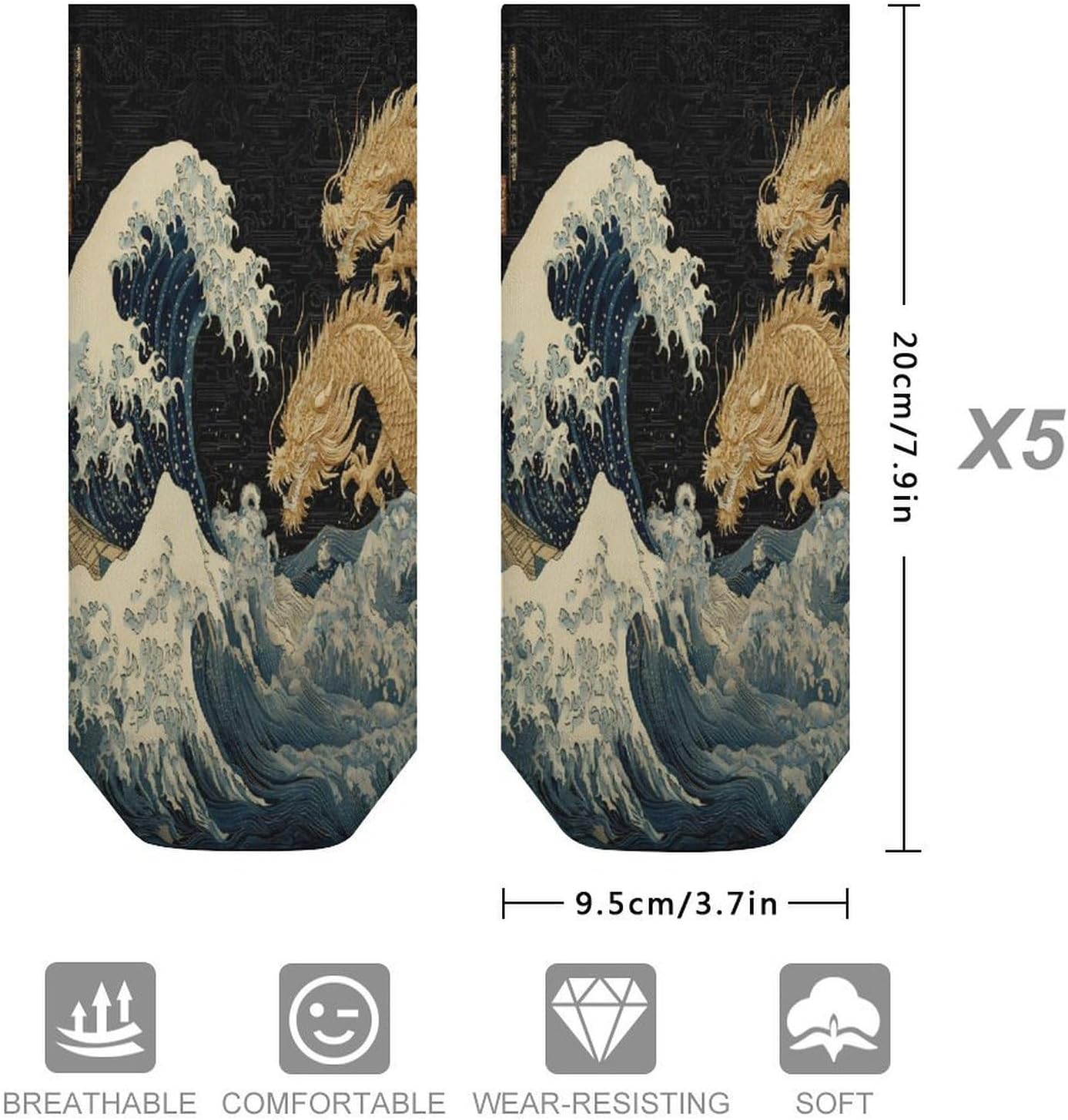 The Great Waves Off Kanagawa Dragon Socks for Men Women 5 Pairs Ankle Socks
