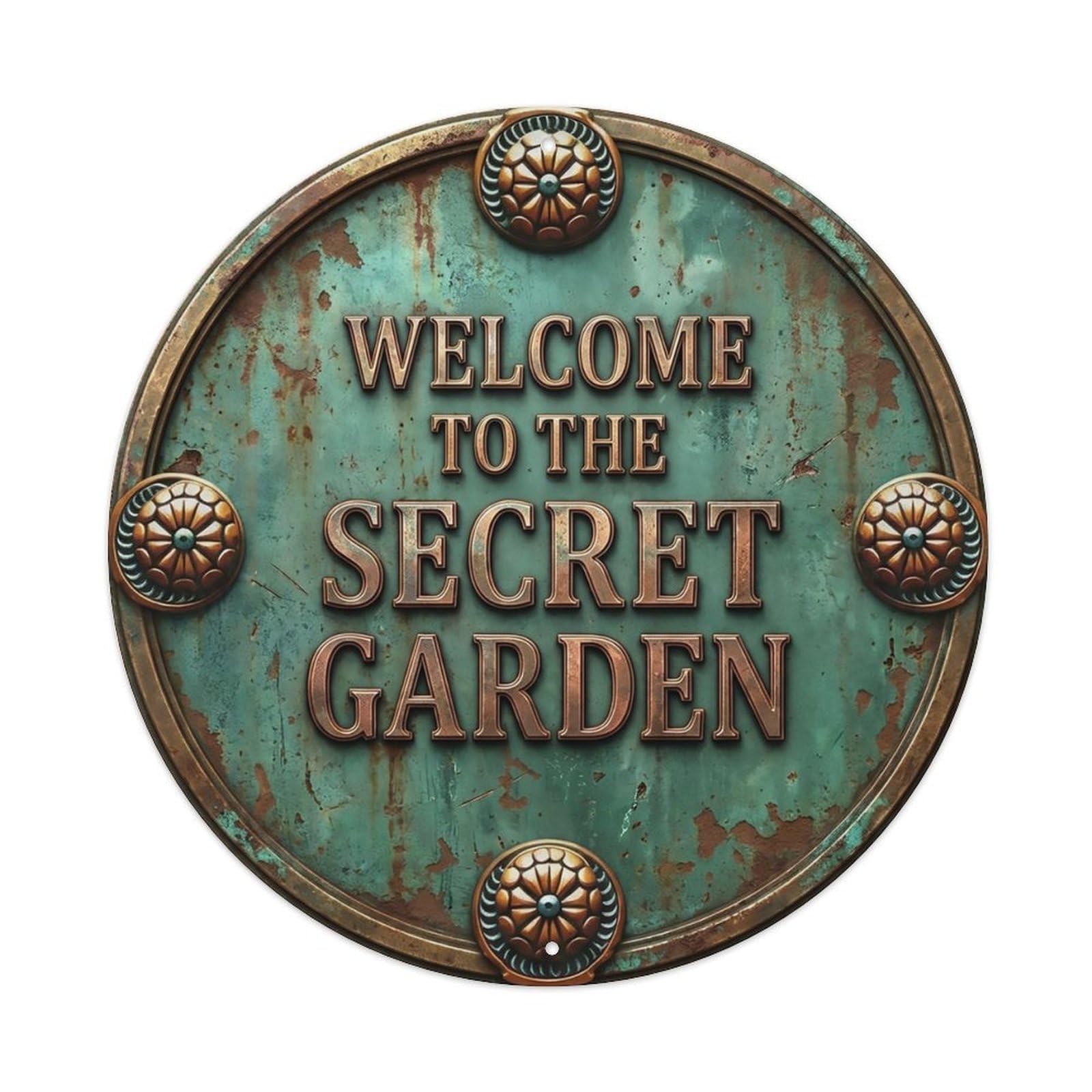 Vintage Welcome Secret Garden Geared Sunburst Metal Tin Sign