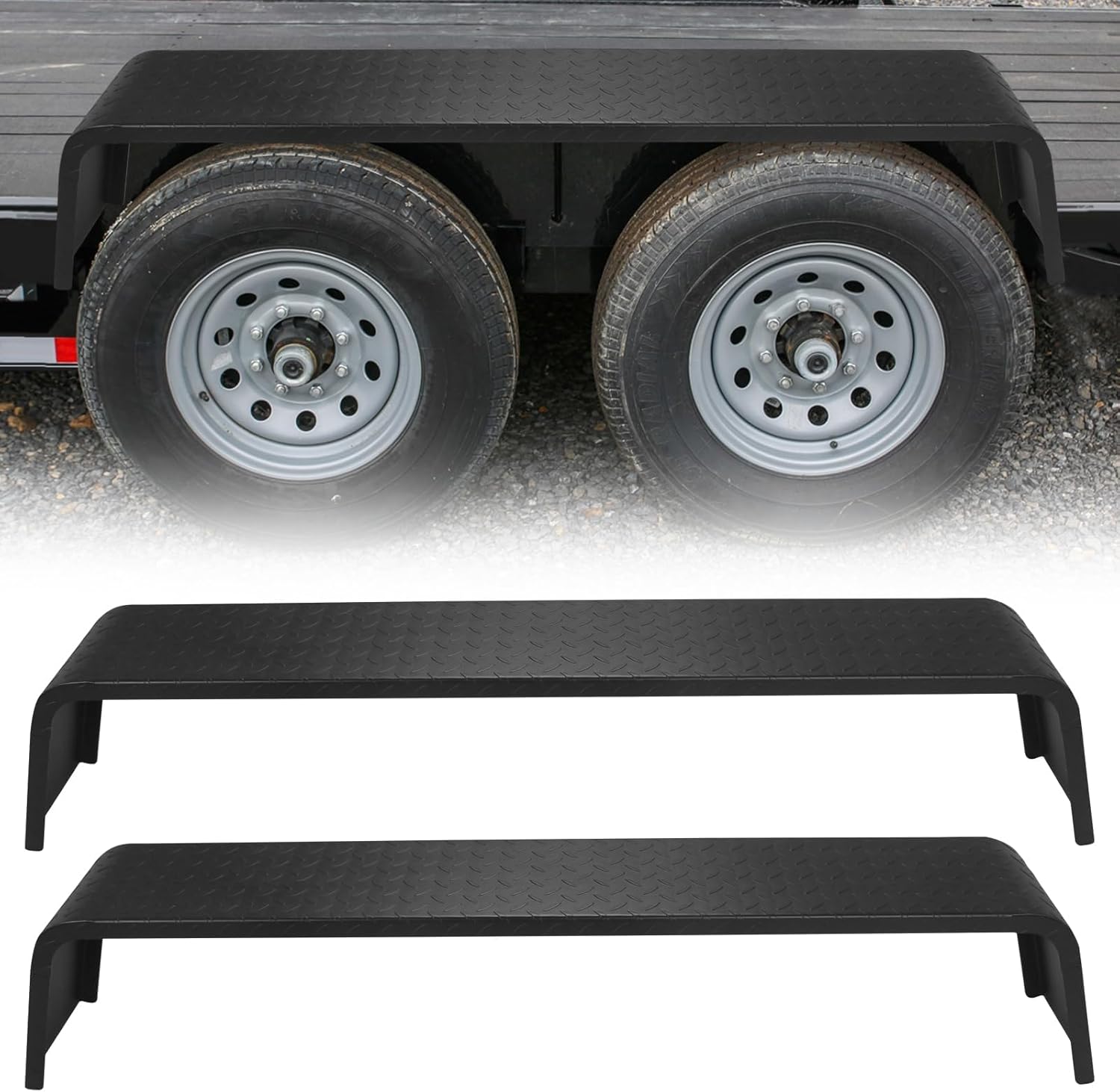 Double Axle Trailer Fenders Fit 13"-15" Tires, Heavy Duty Steel Tandem Axle Trailer Fenders, 2 Pcs, Black
