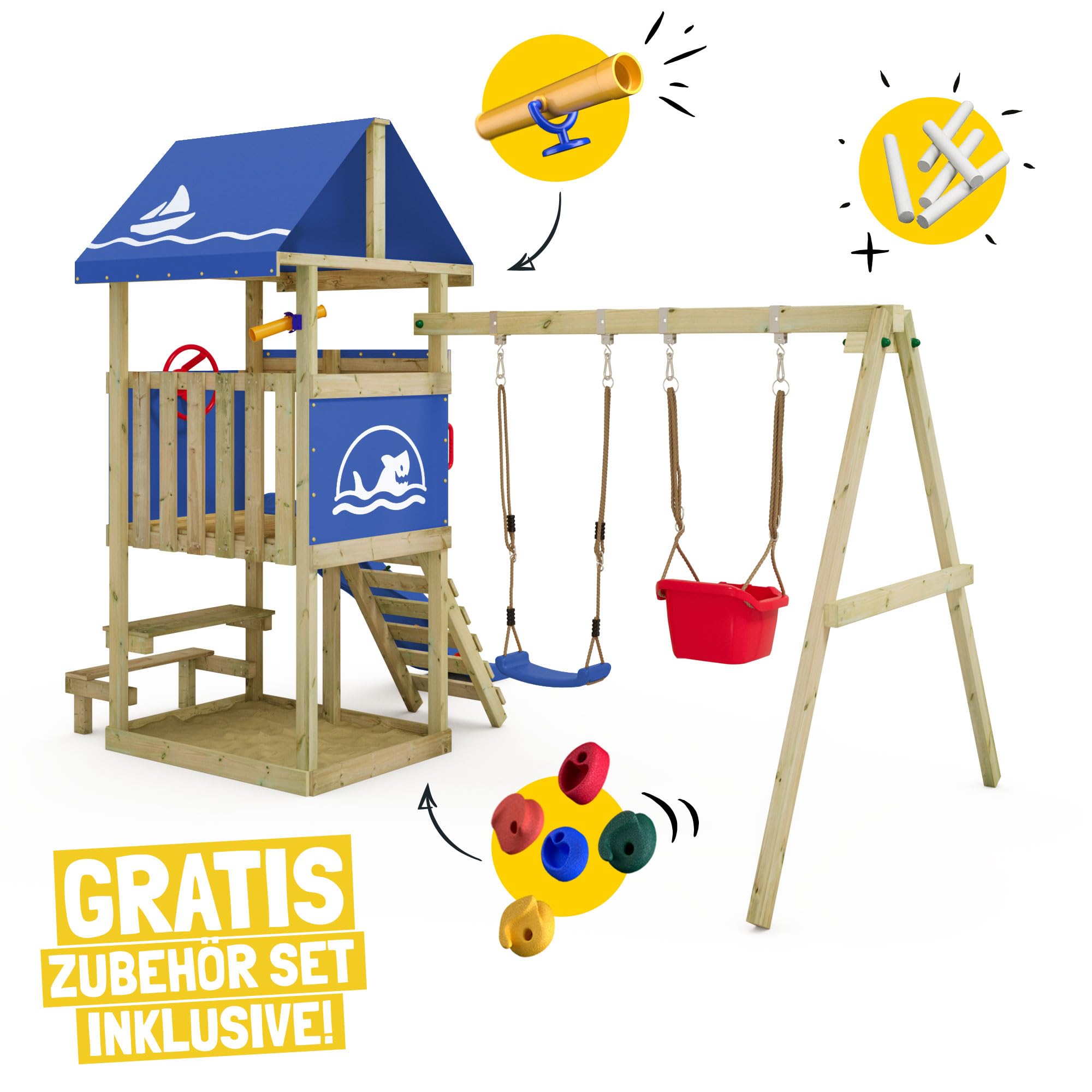 Wickey Spielturm DinkyHouse mit Picknicktisch - Blaue Rutsche & Plane - Kinder Kletterturm für den Garten aus Massivholz - 334x317x247 cm