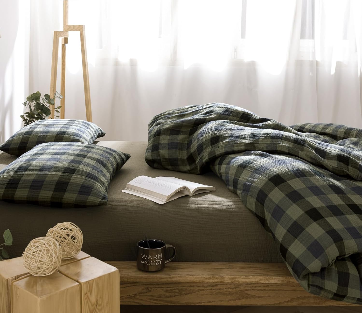 VM VOUGEMARKET Green Navy Plaid Duvet Cover King Muslin Cotton Bedding Set Soft Breathable Linen Like 3-Layer Gauze Comforter Cover with Zipper Closure for Adults-3 Pieces,104"x90"