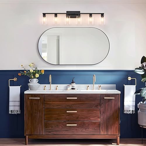 Miniatura 5 de Lámpara de tocador de baño de 6 luces, color negro, 6 lámparas con pantallas de vidrio transparente para baño sobre espejo