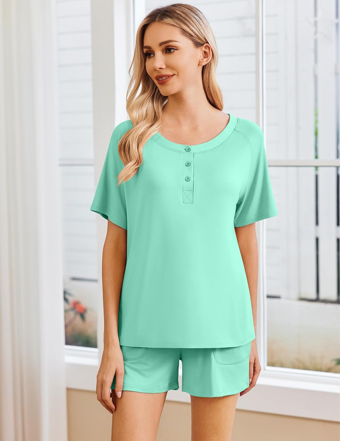 Ekouaer Womens Pajamas Set Short Sleeve Sleepwear 2 Piece Lounge Sets with Pockets S-XXL - Image 2