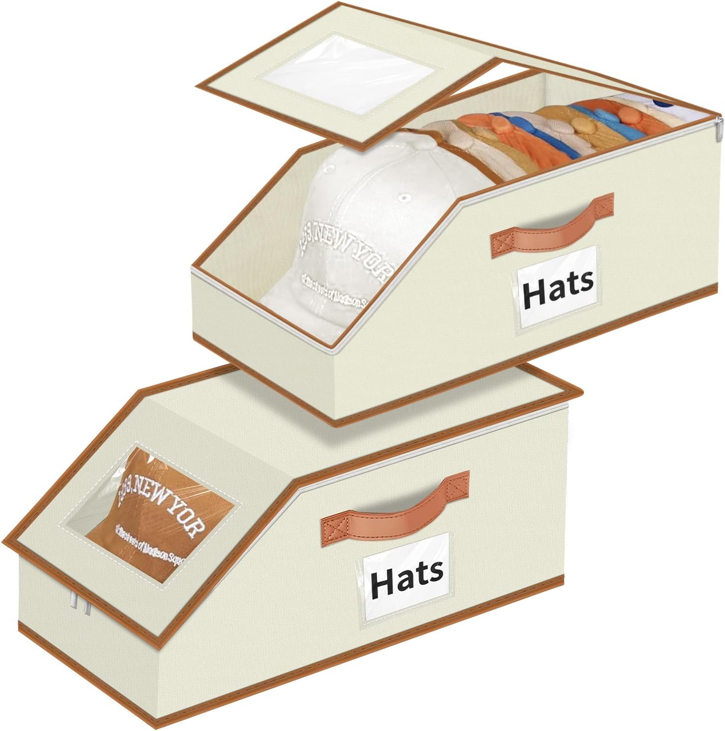 Aokeyee Hat Organizer for Baseball Caps - 2PCS Stackable Storage with Clear Window Lid, Flip-Top Access, Space-Saving Hat Box for Closet, Breathable Fabric (beige with brown)