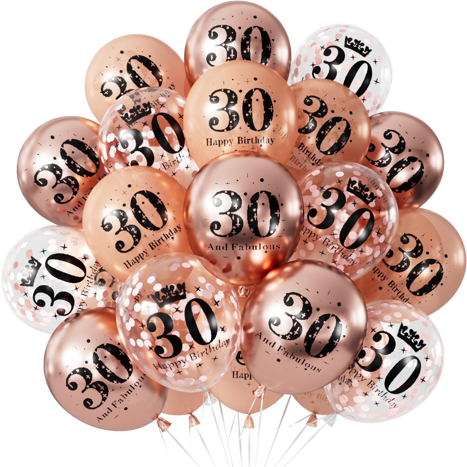 Adeyoo 24Pcs Rose Gold 30th Birthday Balloons - 12Inch Rose Gold Latex Confetti Balloons, Fabulous Happy 30th Birthday Decorations for Women Anniversary Celebration