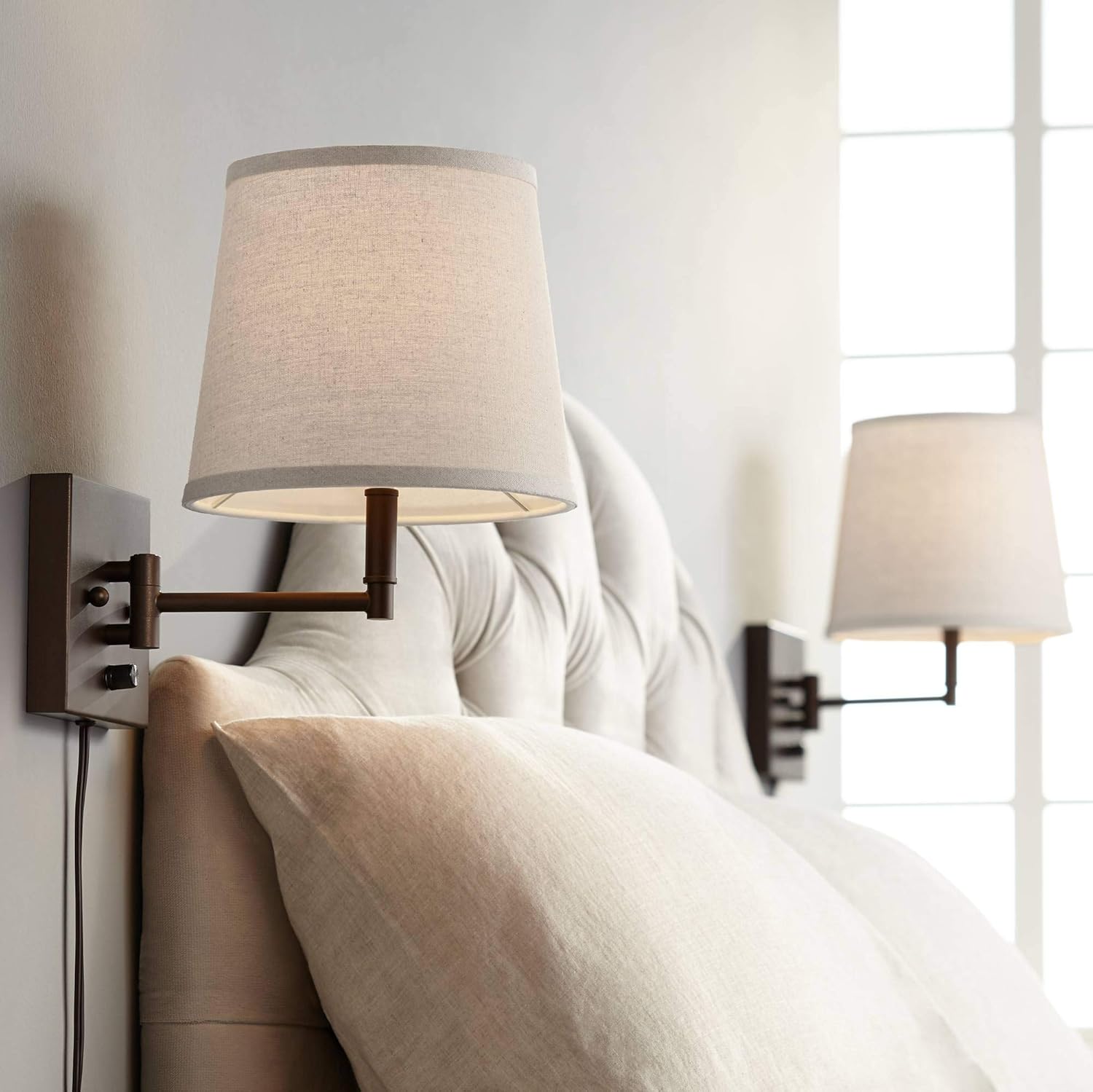 Best Cyber Deals 🔥 Lanett Modern Swing Arm Wall Lamps Set of 2 Painted Bronze Plug-in Light Fixture Oatmeal Linen Empire Shade for Bedroom Bedside House Reading Living Room Home Hallway Dining - 360 Lighting