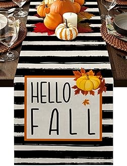 Hello Fall Table Runner - Cotton Linen 120 Inches, Fall Seasonal Harvest Vintage Black Stripes Bed Runner Dress Scarves, Rustic Tablerunner for Dining/Holiday/Coffee Table 13"x 120"