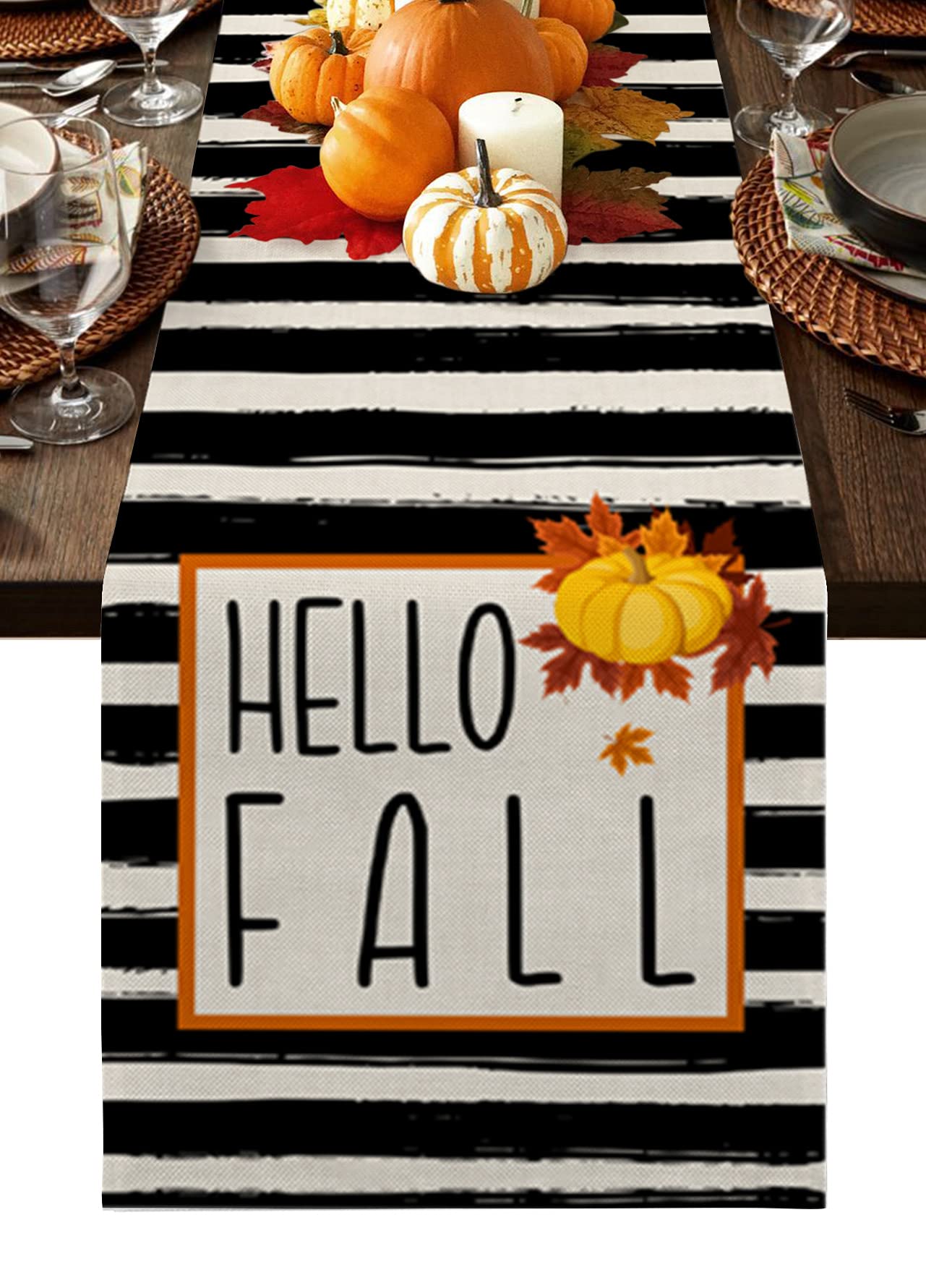 Ldtrchee Hello Fall Table Runner - Cotton Linen 120 Inches, Fall Seasonal Harvest Vintage Black Stripes Bed Runner Dress Scarves, Rustic Tablerunner for Dining/Holiday/Coffee Table 13"x 120"