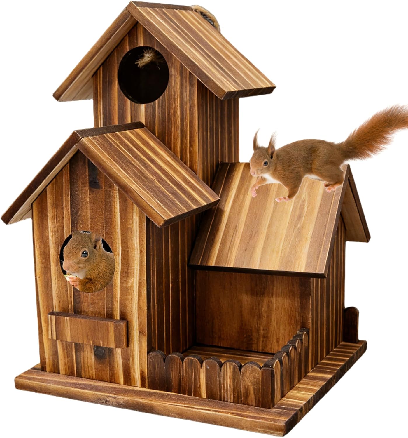 Squirrels Feeders for Outdoors - Wooden Burnt Wood Color Squirrels Feeder with Flexible Roof, Chipmunk Feeder for Garden, Backyard and Tree Mounting Outdoor Living