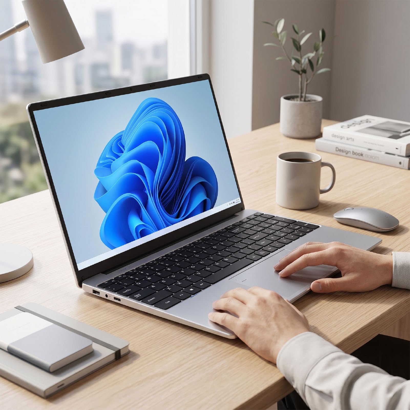 Laptop 15,6 Cala, Ultracienki Notebook 2K FHD z 8 GB Pamięci DDR4 256 GB SSD Klawiatura Numeryczna Odblokowywanie za pomocą Linii Papilarnych, do Pracy, Nauki i Rozrywki (wtyczka UE)
