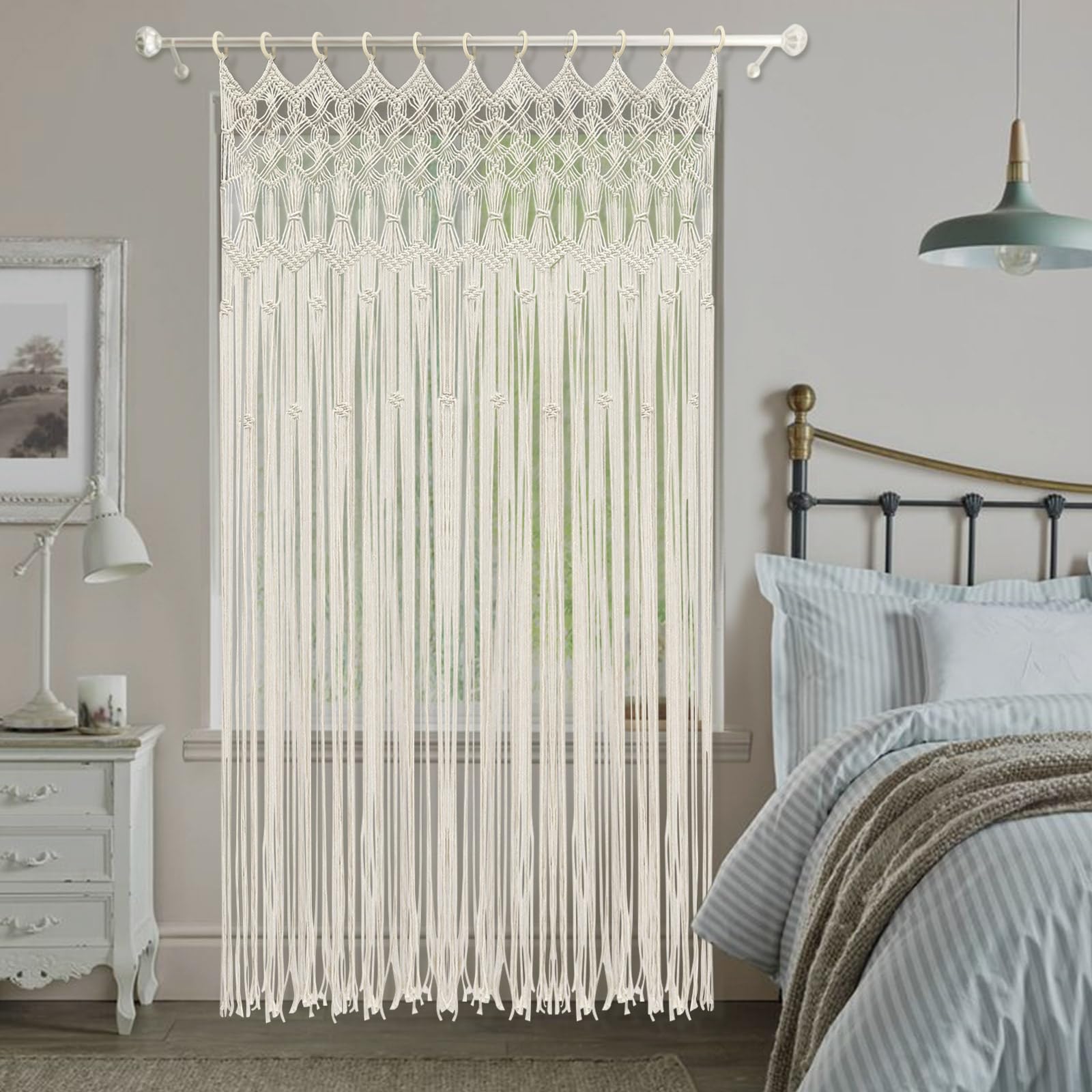 Makramee Türvorhang - 120 x 195cm Handgemachte Gewebte Tapisserie Boho Fenstervorhang Große Teilervorhang mit Holzring Baumwolle Gewebter Vorhang Fensterdeko Hängend - Weiß