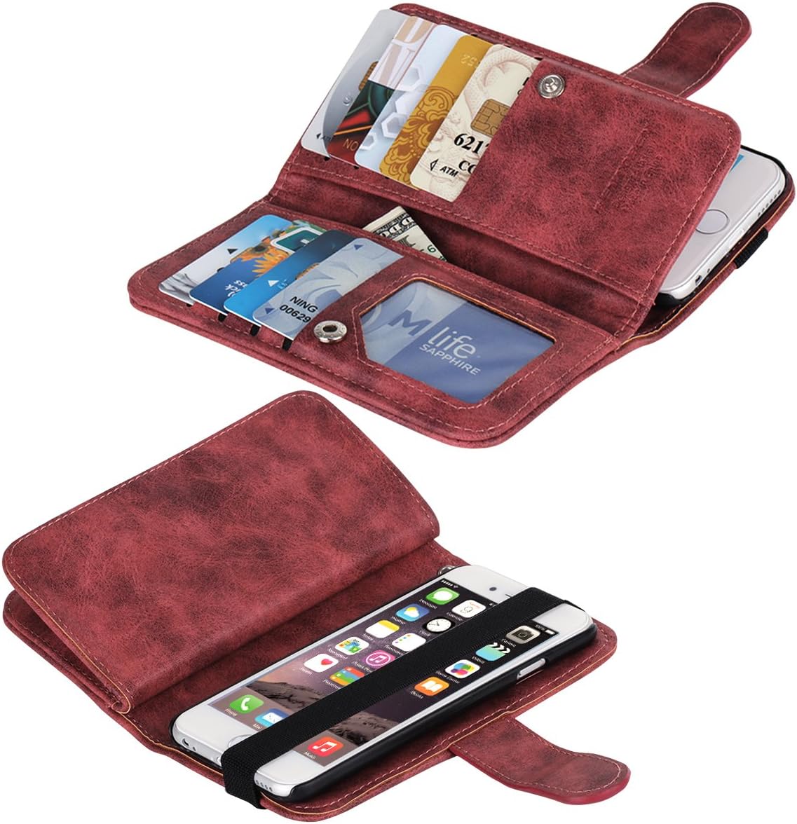 iPhone 6 Case, iPhone 6S Case, iPhone 6 Wallet Case, BENTOBEN Stand Feature Credit Card Holder Studded Detachable Flip Cover Shockproof Hard PC Card Slots Protective Case for iPhone 6/6S, Wine Red