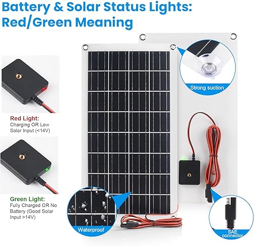 Miniatura 5 de Cargador y mantenedor de batería solar de 20 W, panel solar impermeable de 12 V con protección inteligente de 3 etapas, encendedor de cigarrillos +