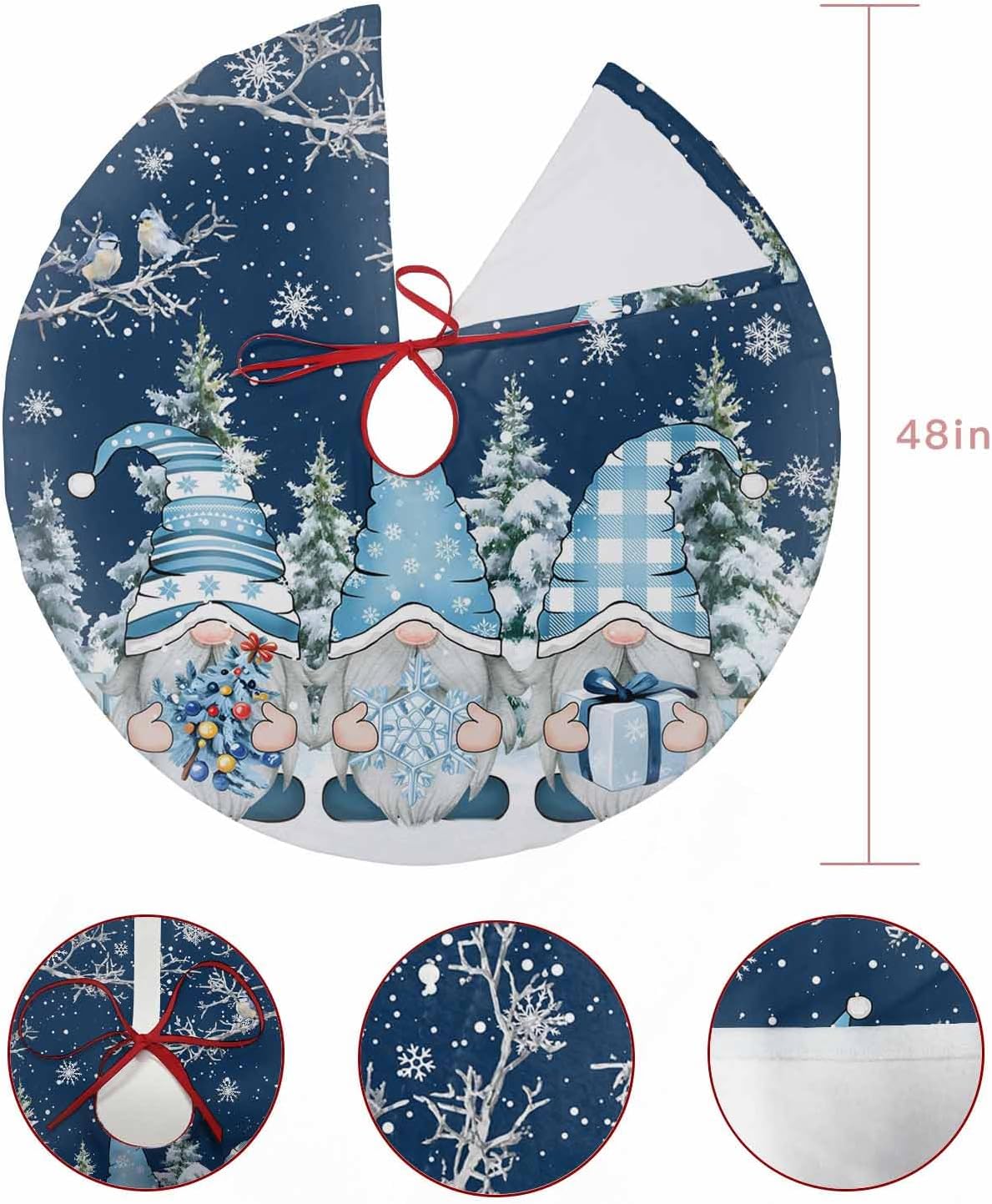 DecorLovee Christmas Tree Skirt, Navy Blue Gnomes Christmas Christmas Tree Skirts Ornaments Décor, Xmas Tree Winter Snowflake Xmas Tree Skirt Mat Decorations for Holiday Party Indoor Outdoor 48 Inch