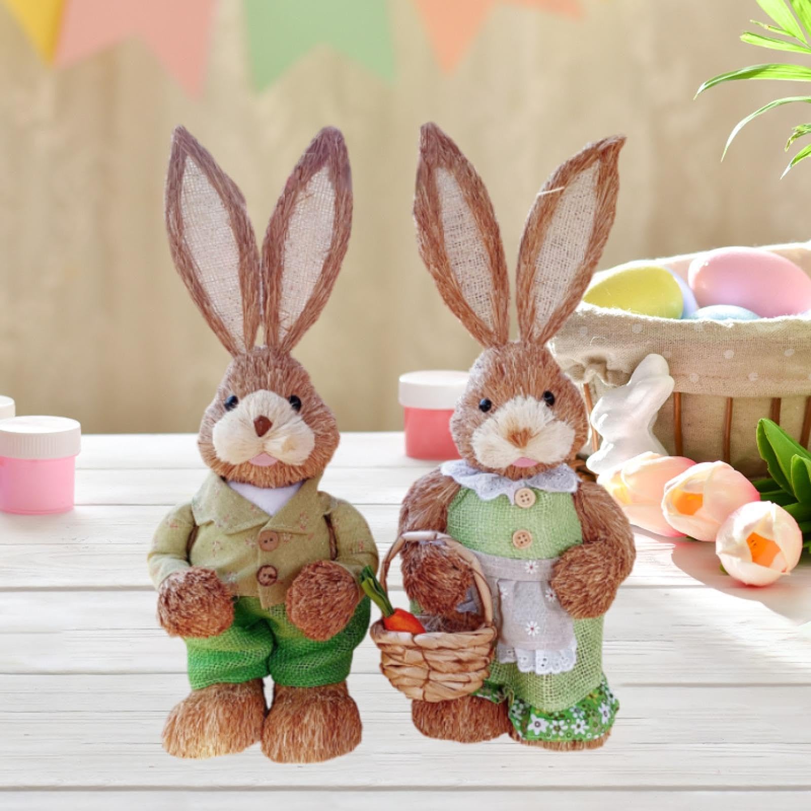 2 Stück Osterhasenfigur Stroh Hase Deko Osterhase Realistische Gras Kaninchen Geflochtenes Material für Gartenparty Kinderzimmer Wohndekoration, Style I