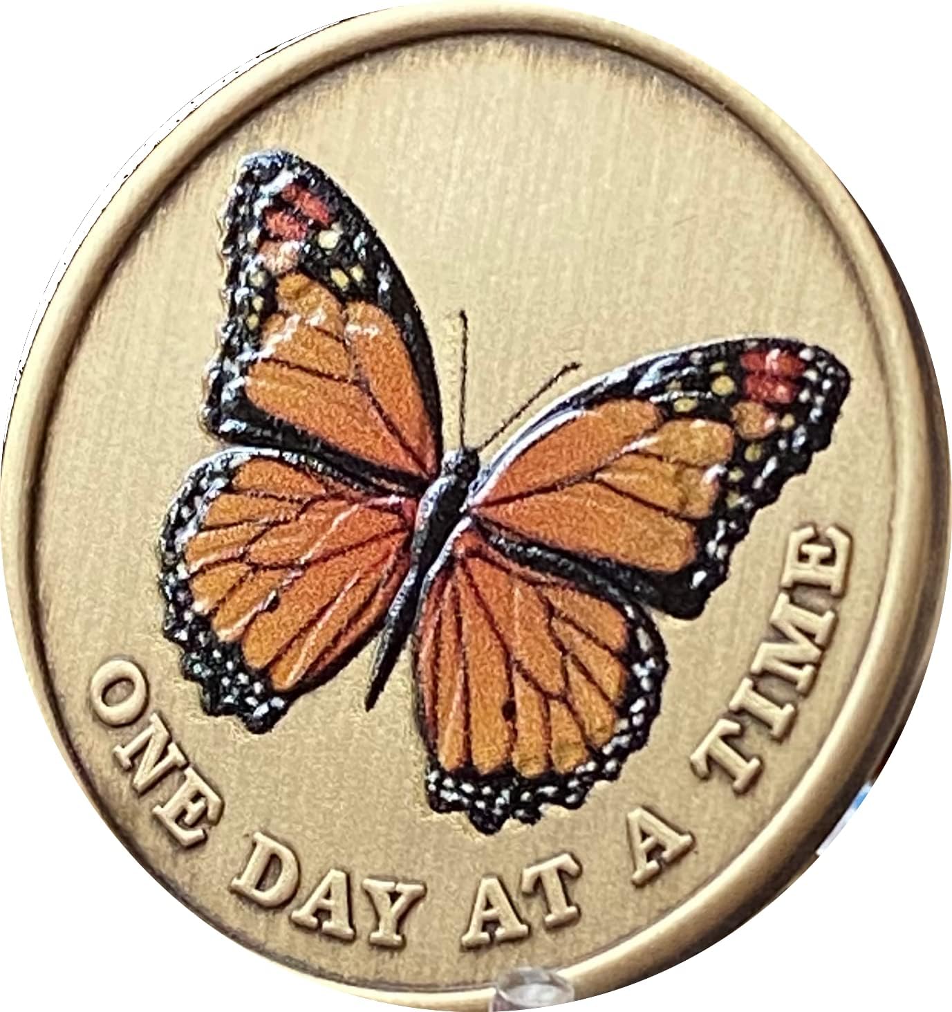 Orange Monarch Butterfly One Day At A Time Medallion Serenity Prayer Bronze Chip