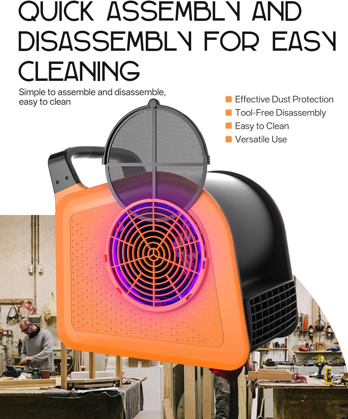 Air Mover Blower Fan: High Velocity Floor Fans for Cooling and Drying, Carpet Dryer with Heater, Filter, UV Light, 3 Speeds, 185° Rotating for Industrial, Orange