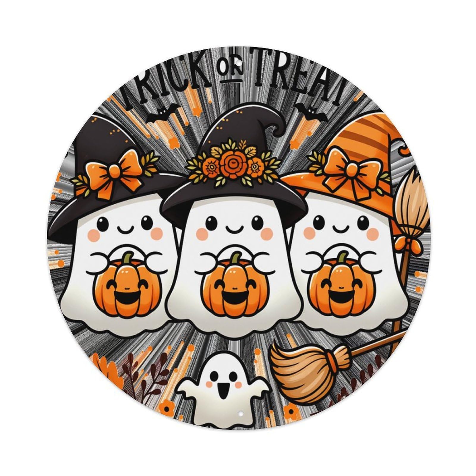 Cute Ghosts With Pumpkins And Hats Round Tin Sign Retro Metal Sign for Cafe Bar Pub Home Game Room Gym Club Wall Decoration Vintage Metal Poster 8x8 Inch