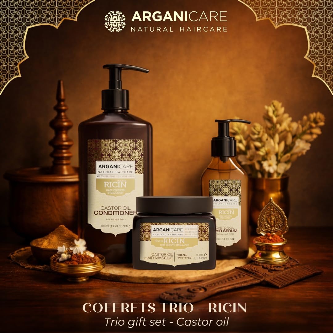 ARGANICARE Coffret Ricin Bio Shampoing 400 ml + Masque Réparateur XXL 500 ml + Sérum 100 ml, routine 3-en-1 accélérateur de croissance, apaise le cuir chevelu, nourrit et renforce