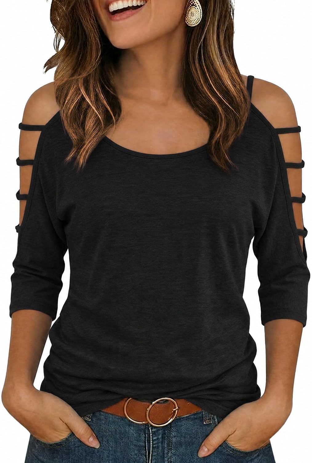 Jar of Love Women's Cold Shoulder Tops 3/4 Sleeve Sexy Going Out T-Shirts for Women Casual Tunic Tops