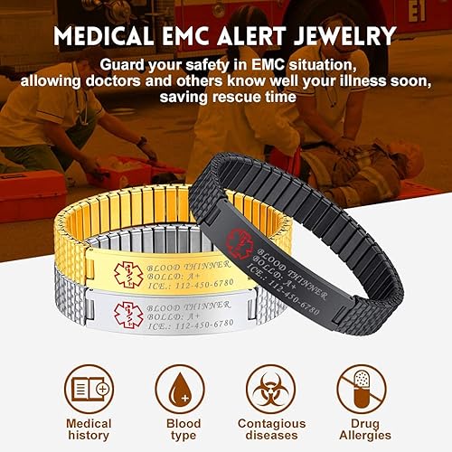 Miniatura 3 de Bandmax Pulsera de alerta médica de acero inoxidable personalizada con identificación de emergencia elástica para diabéticos, joyería de alerta